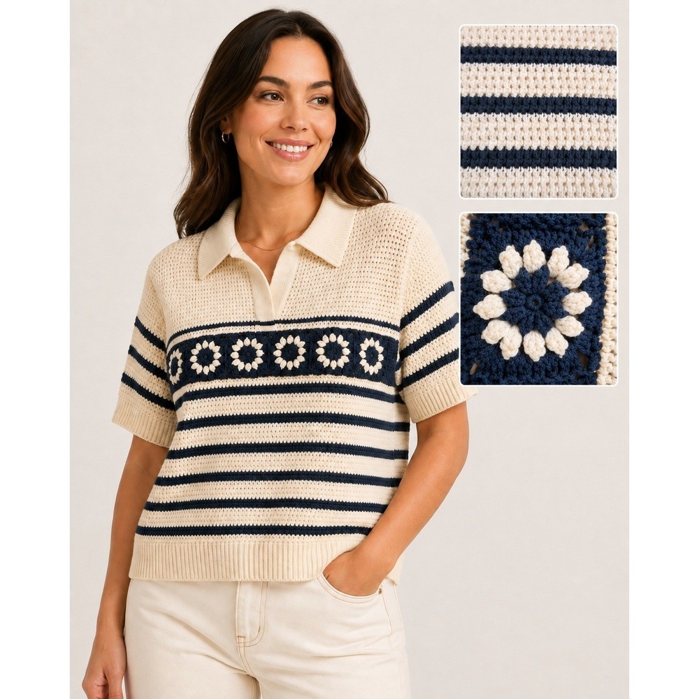 Skies Are Blue Striped Polo Sweater Women's 3X  Open Knit Crochet Floral